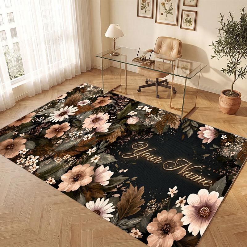 Floral Garden Theme Crystal Velvet Floor Rug Personalized Custom Name Text Warm Carpet Home Decoration