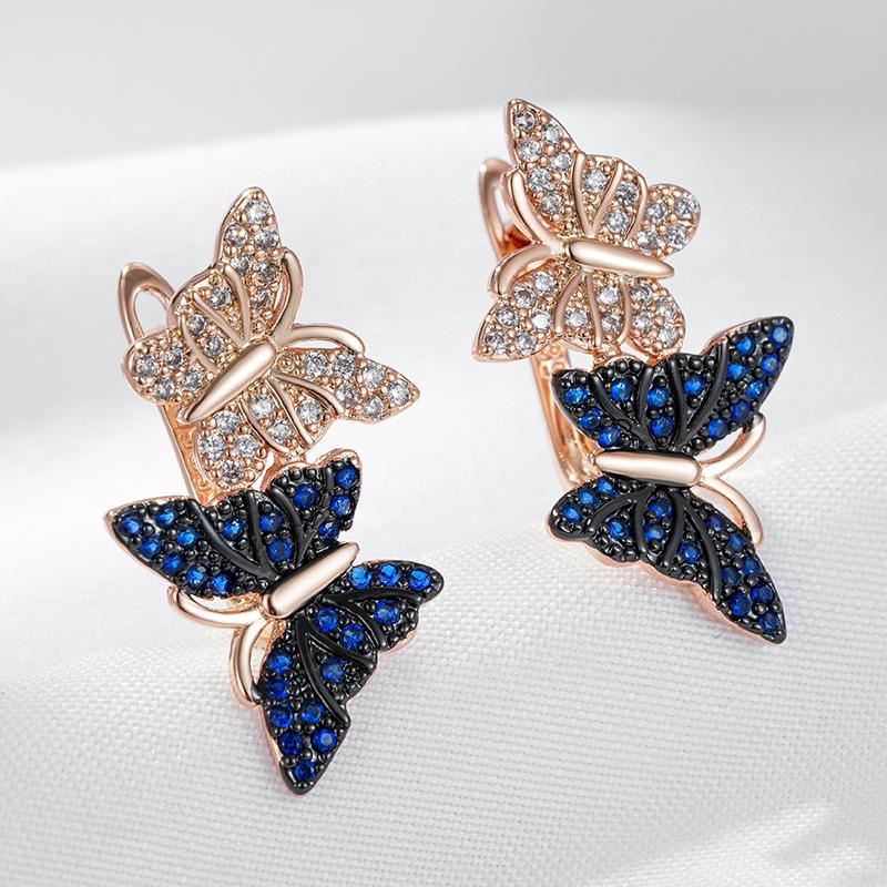 Kinel Hot Blue Natural Zircon Two Butterfly Drop Earrings For Women 585 Rose Gold and Black Plating Animal Daily Punk Jewelry