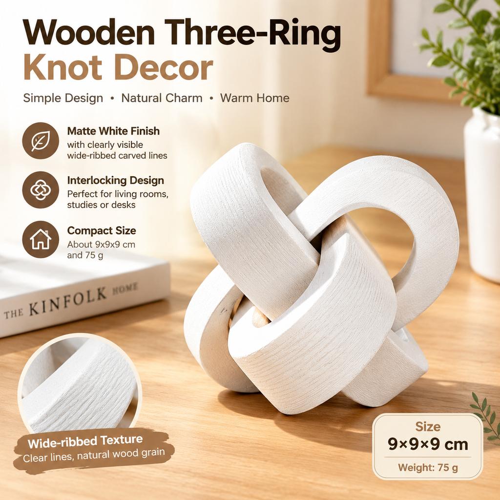 Wooden Three-Ring Knot Decor, 9 cm Wide-Ribbed Small, American Country Style, 4 Colors