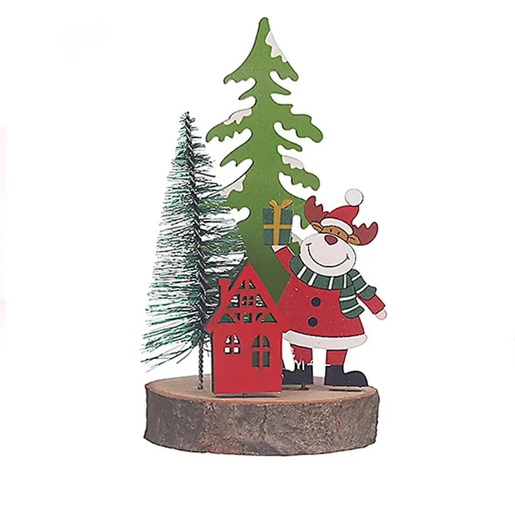 Christmas Wooden Decorations Cartoon 3D Wooden Ornaments Plastic Xmas Tree Pendant Santa Claus Crafts Table Festival Decoration