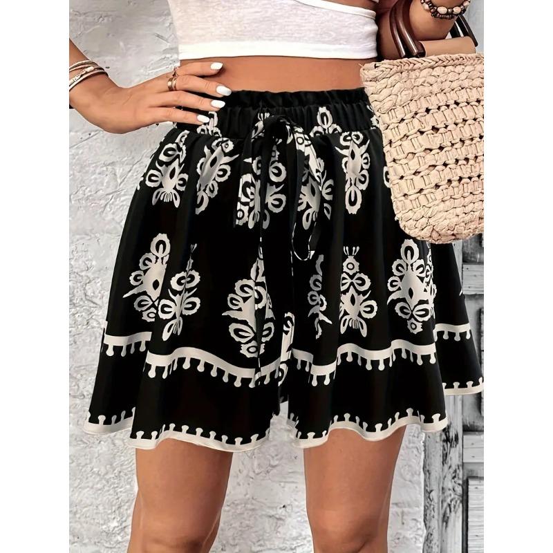Fashion Summer Bohemian Vacation Women's Wide Leg Shorts High Waisted Casual Loose Female Shorts Printed Vintage Women's Beach Pants New
