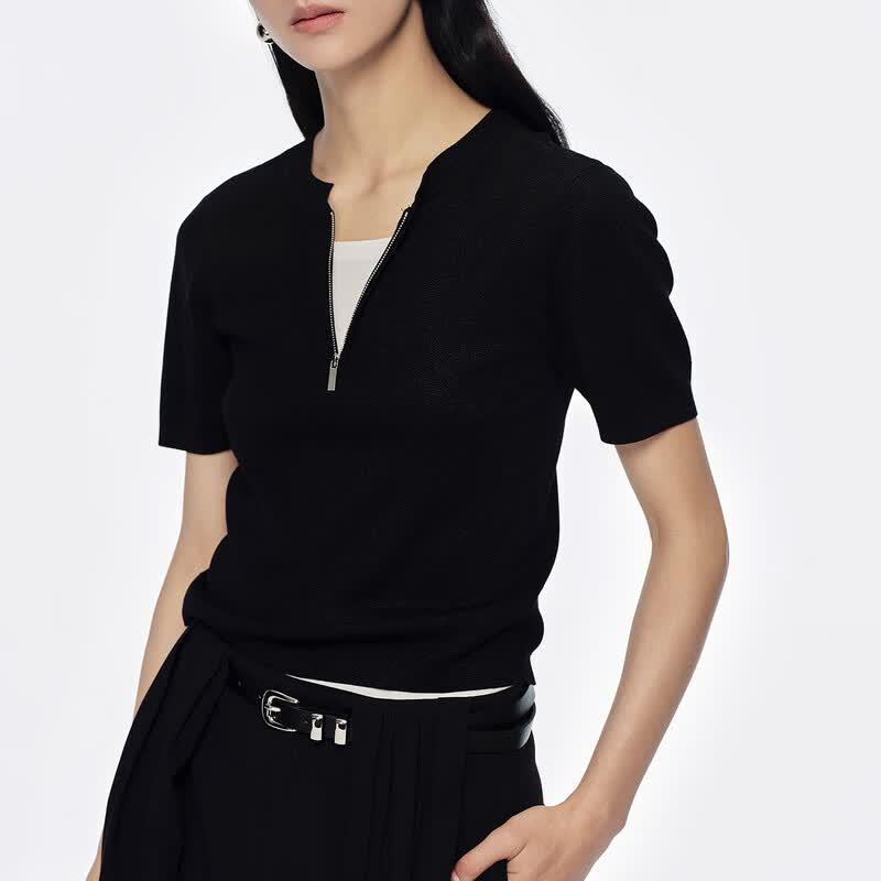 Tatu Women's Half-Zip Faux Two-Piece Short-Sleeve Knit Top