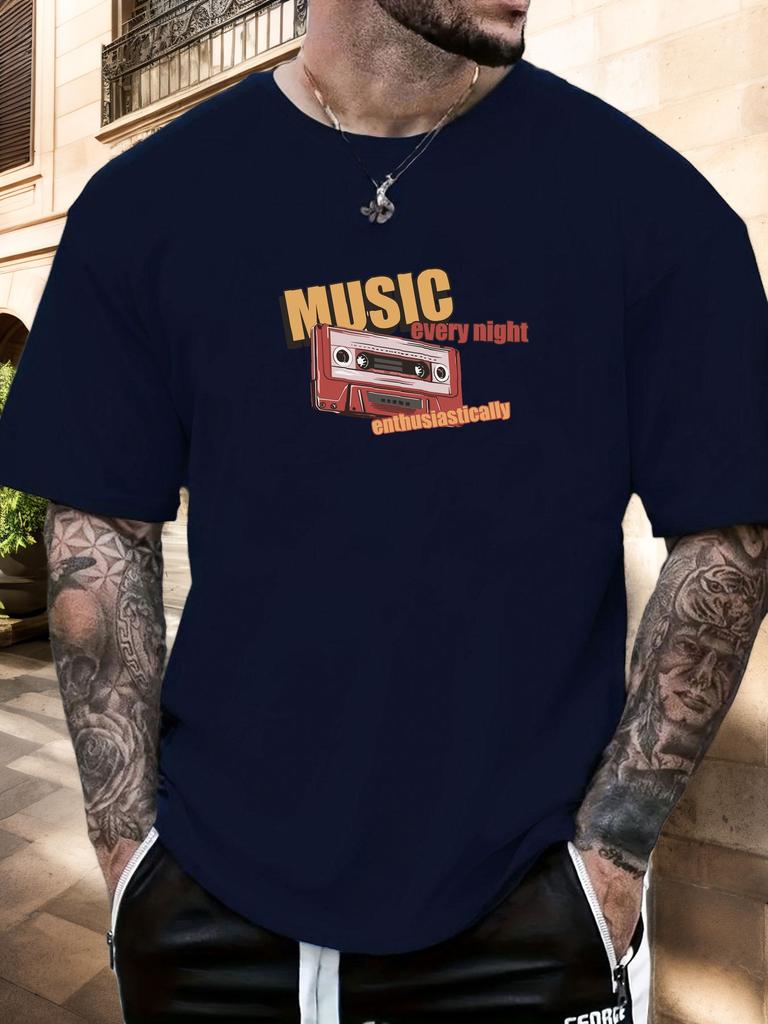 Mens Music Tape Graphic TShirt Summer Soft Comfort Fit Oversized Daily Wear Tee