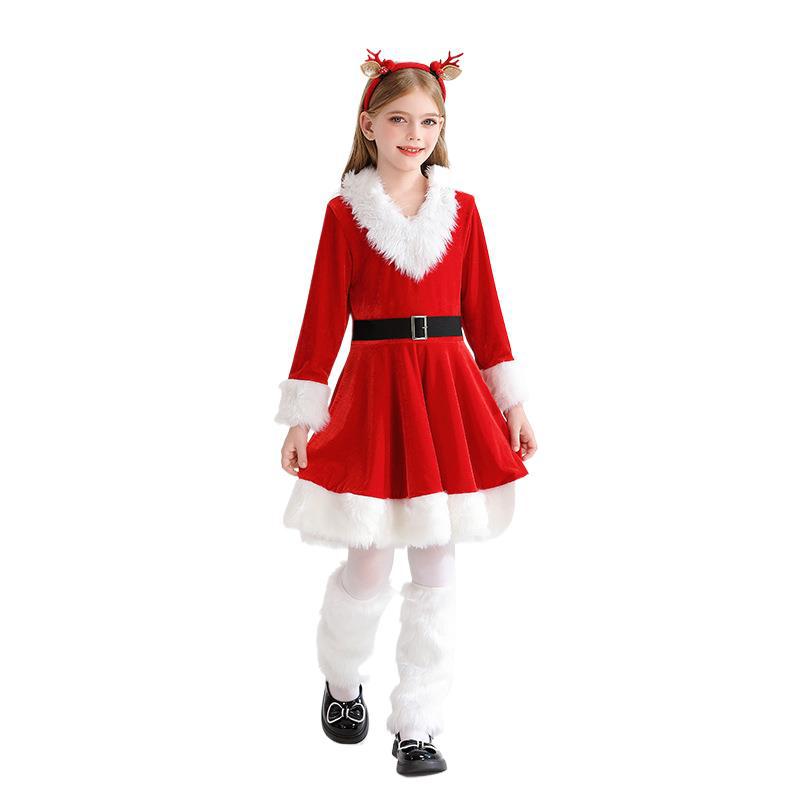 2026 Christmas Children's Costume Girls Long Sleeve Red Dress Party Dress Up Santa Claus