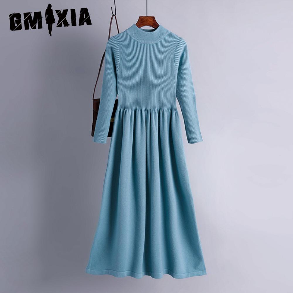 

GMXIA Женская мода весна осень однотонный принт с длинным рукавом и высокой талией повседневные платья one size синий