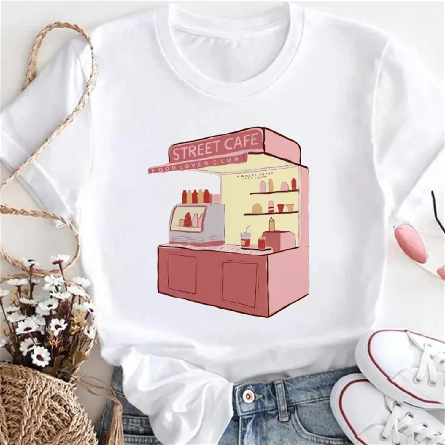 

Pink Coffee Shop Pattern Summer Regular Print Women s Cute Top Basic Style Casual Style Travel Basic Round Neck Clothing T-Shirt XXXXXL білий