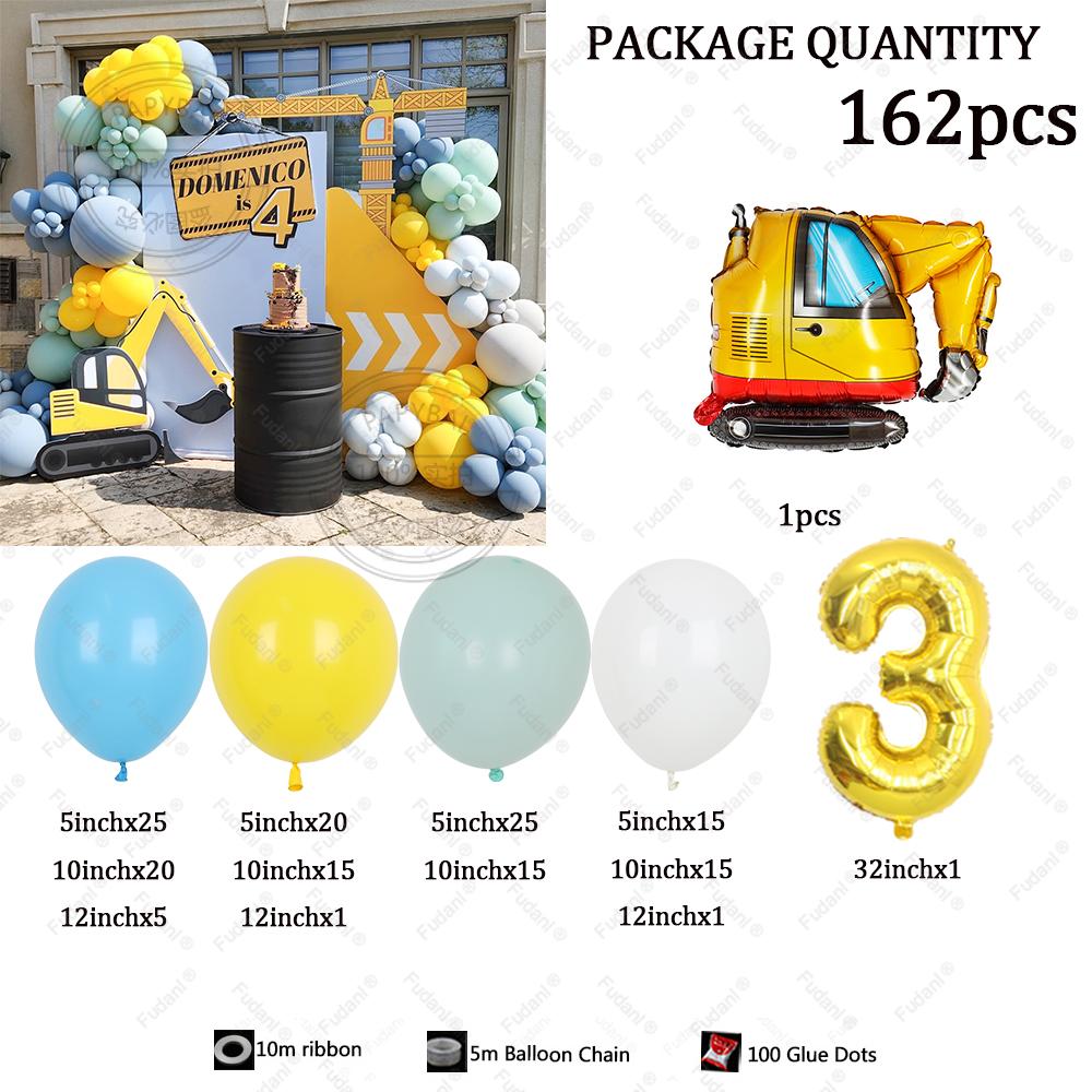 162pcs Engineering Vehicle Construction Truck Yellow Green Blue Balloon Arch Kit Boy Excavator Birthday Party Baby Shower Deco