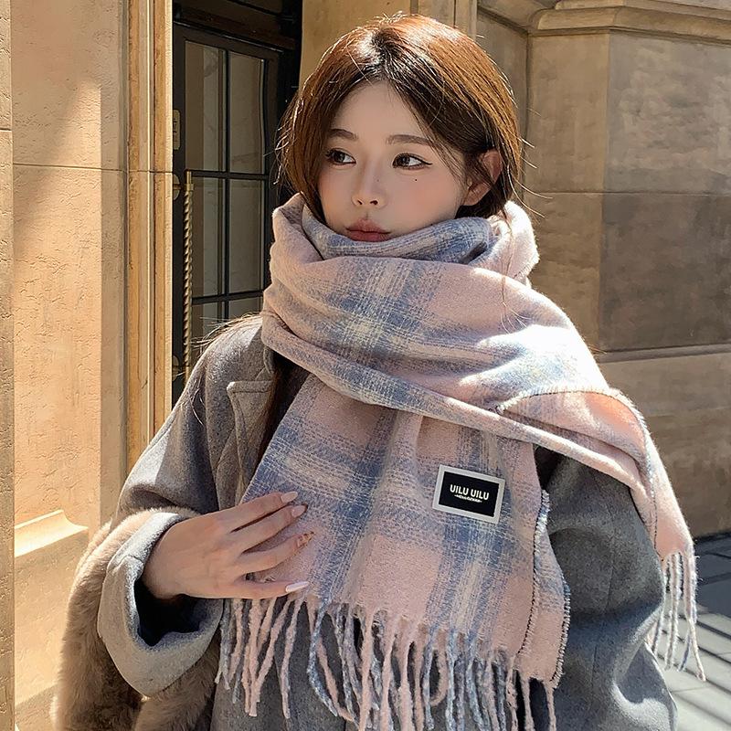 Women Plaid Print Knitted Scarf Headscarf Ladies Casual Sweet Tassel Warm Scarve Mujer Wrap Shawl Student Young Girl New Winter
