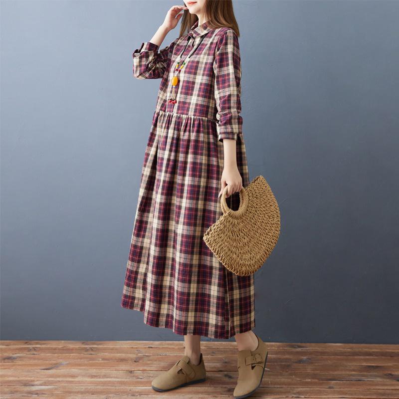Женское клетчатое платье свободного кроя Осень/Зима 2025 - Удобное, стройнящее длинное платье с отложным воротником L