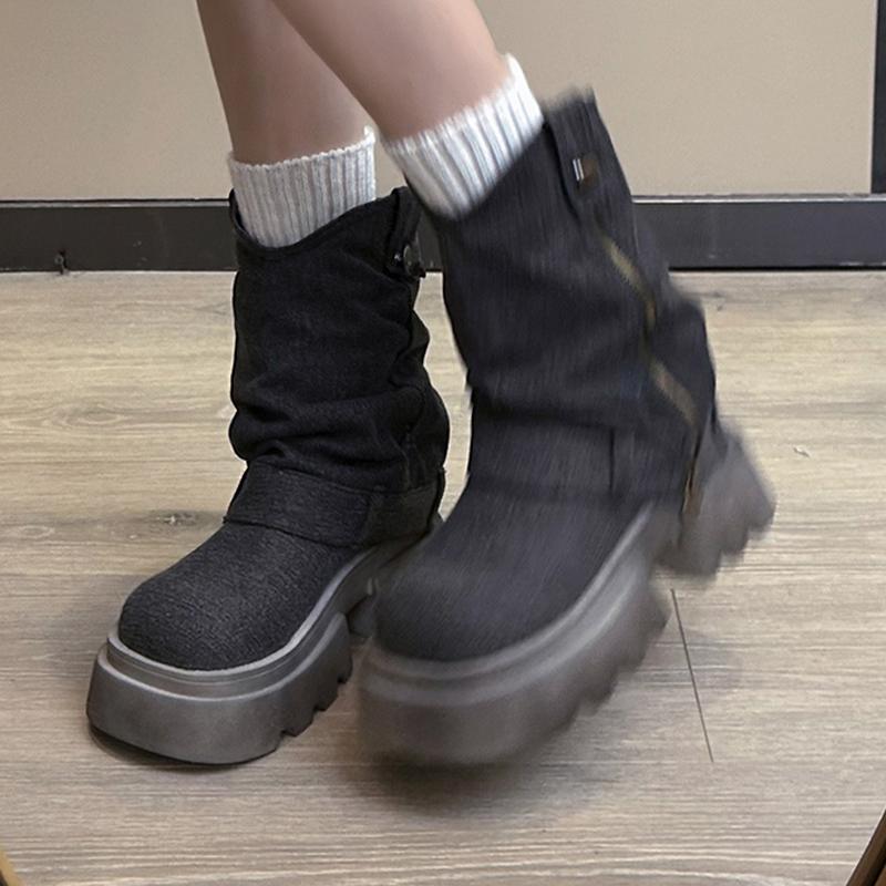 Cowboy Platform Women Snow Boots Designer Mid Heels Shoes Chunky Mid Calf Motorcycle Boots Winter 2024 Trend Goth Lady Zapatos