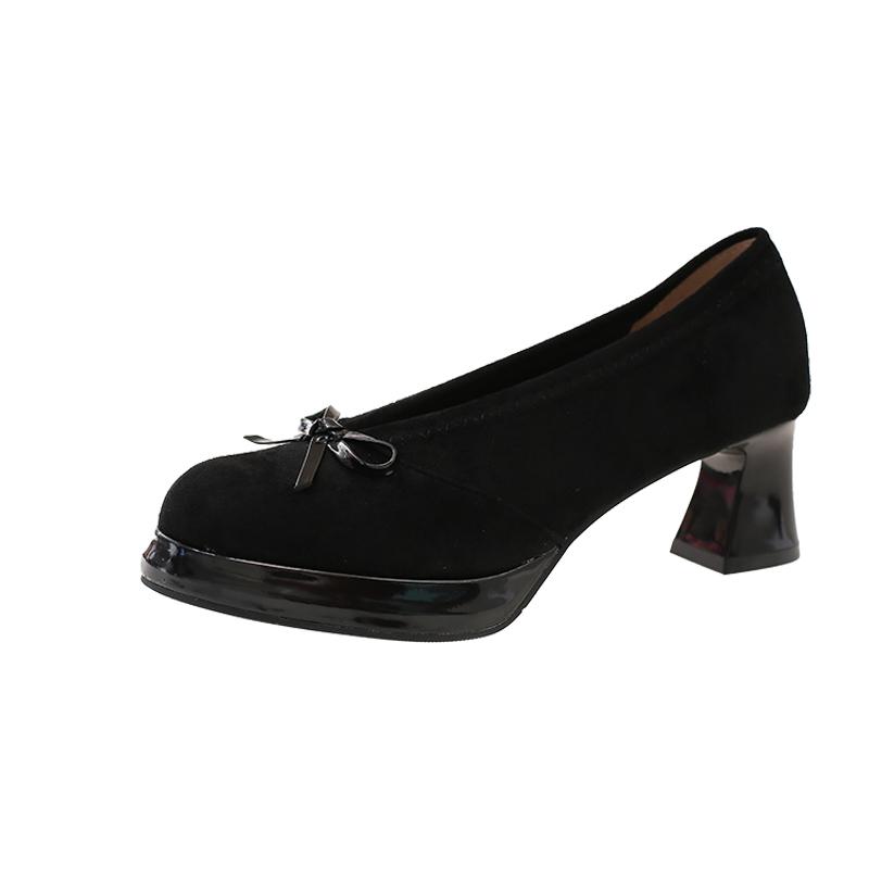 Fashion 2025 New Roundness High Heels with Suede and Bow Single Shoes with A Slip-on Light Casual Women Shoes Stylish and Comfortable