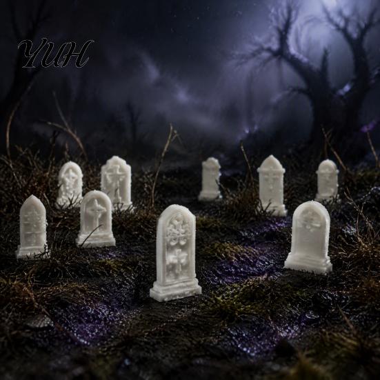 Miniature Horror Scene Props 10Pcs Mini Tombstone, 3D Printed Unpainted Gravestone Model Kit, Micro Cemetery PLA Parts Diorama Accessories, Halloween