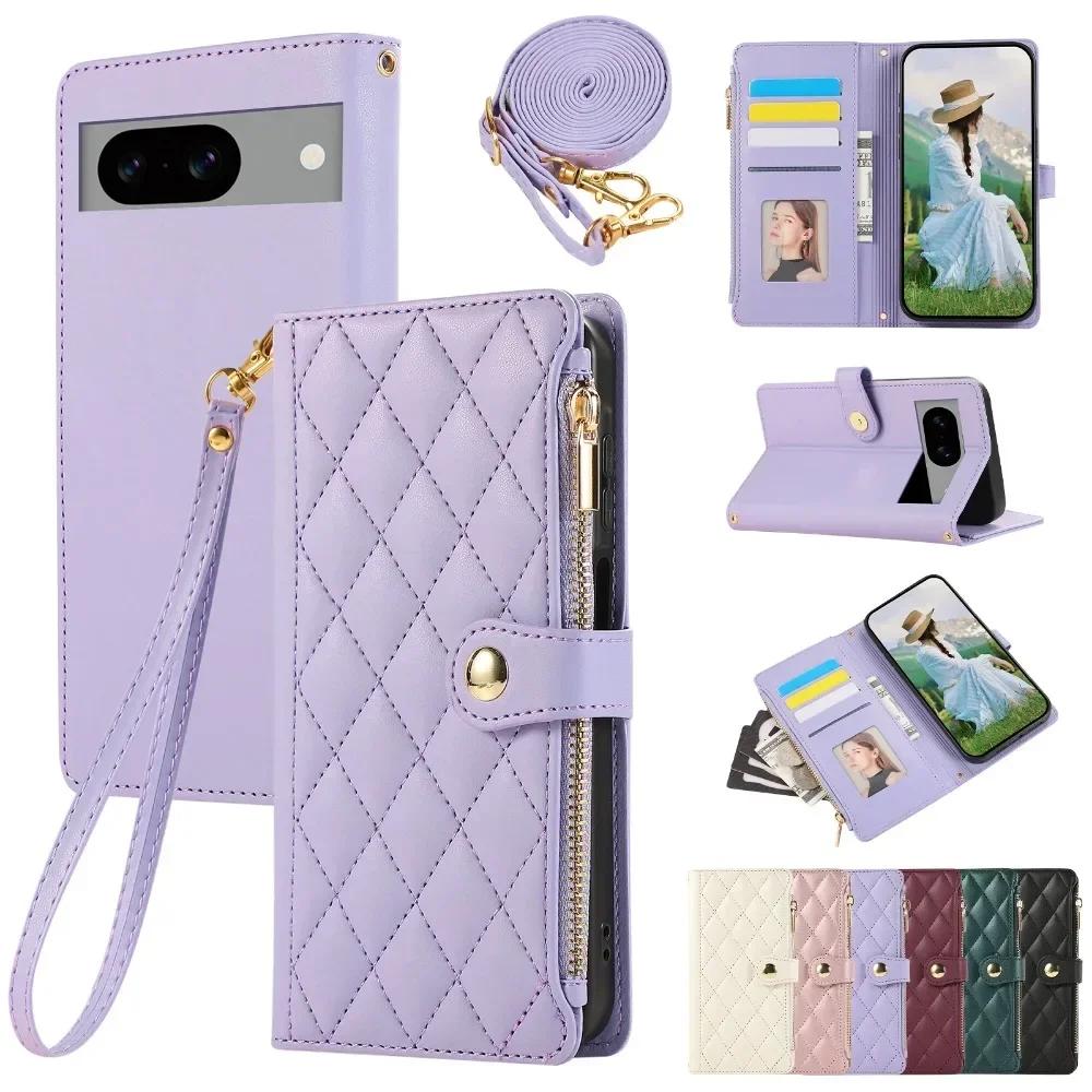 Crossbody Zipper Wallet with Card Holder Phone Case for Google Pixel 6 7 8 9 Pro 6A 7A 8A Wrist Strap Leather Preserve Cover