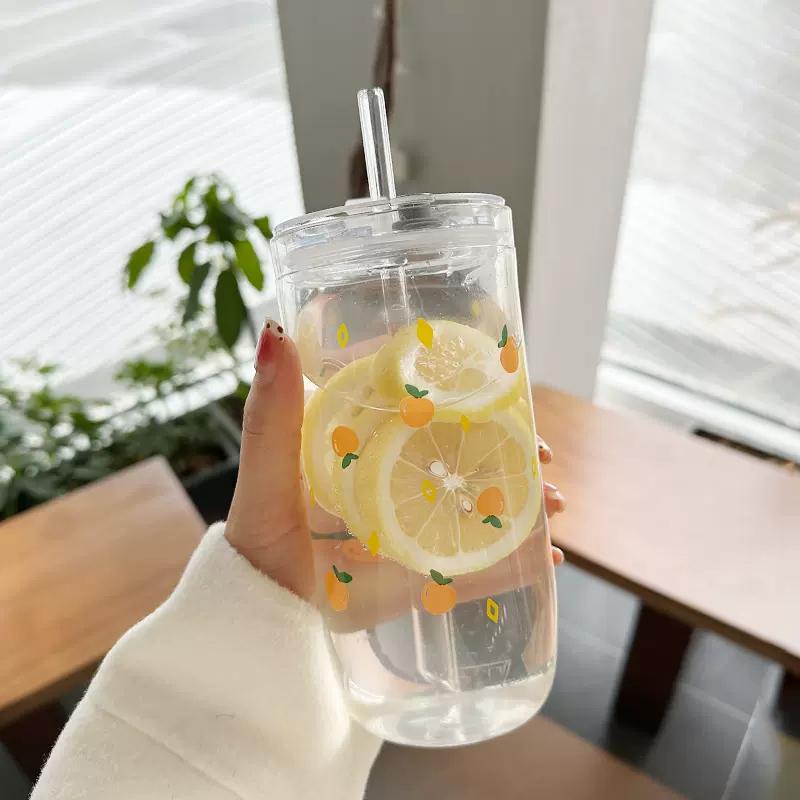 Kawaii blomma glaskopp med lock sugrör Söt apelsin kaffemugg Mjölkdrycker Koreanskt vatten Juice Tekopp Dryckesgods Present 600ml
