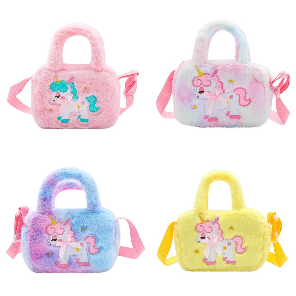 Colorful Plush Unicorn Handbag For Little Girls Lightweight And Breathable With Zippered Inner Pockets Yellow