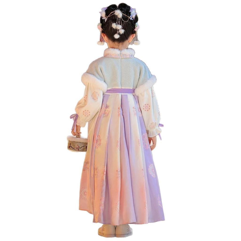 Girls' Winter Plush-Lined Hanfu Dress - Traditional Tang Suit Skirt for Autumn/Winter 2025 New Year