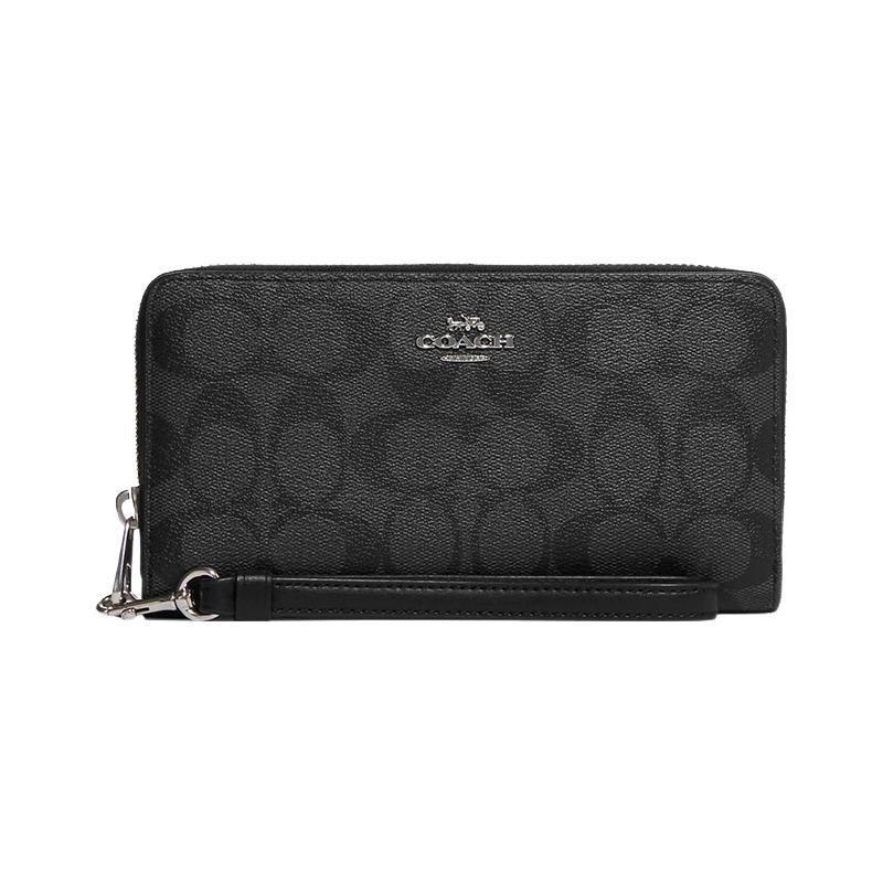 Coach Zip Around 19 Classic Old Flower Printed Zipper Closure Coated Canvas and Leather Card Holder Wallet Regular Women's Black