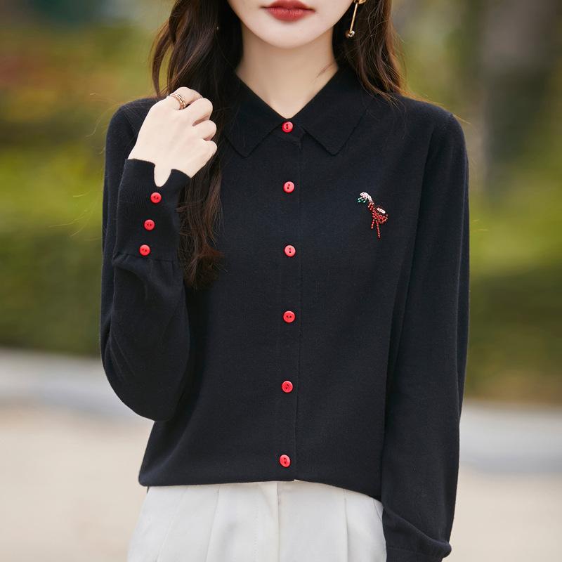 Spring New POLO Knitted Cardigan Flamingo Hot Diamond Cuffs Slit Top