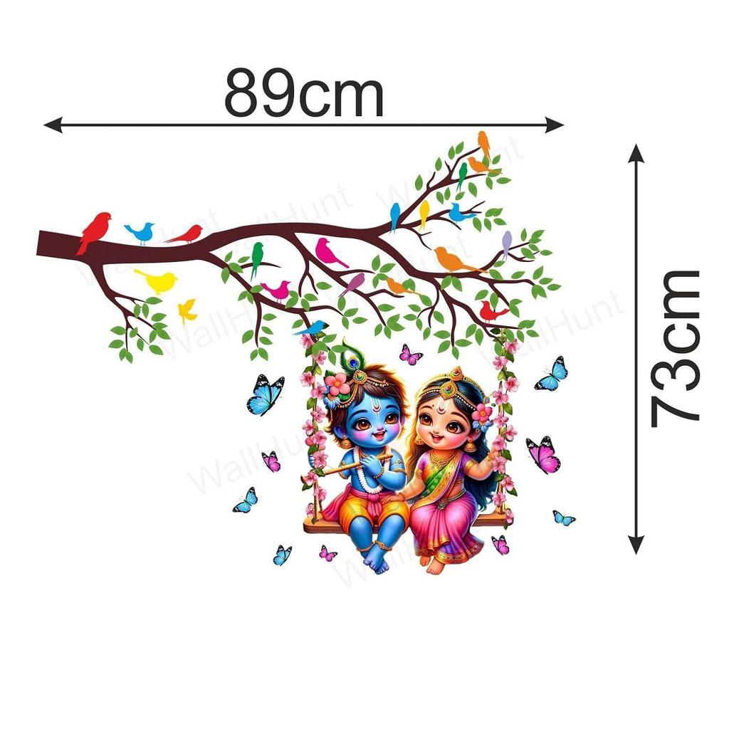 WallHunt PVC Vinyl Tree and Flowers Branch Leaves Radha Krishna Self-Adhesive Wall Sticker for Home Decor/Decoration