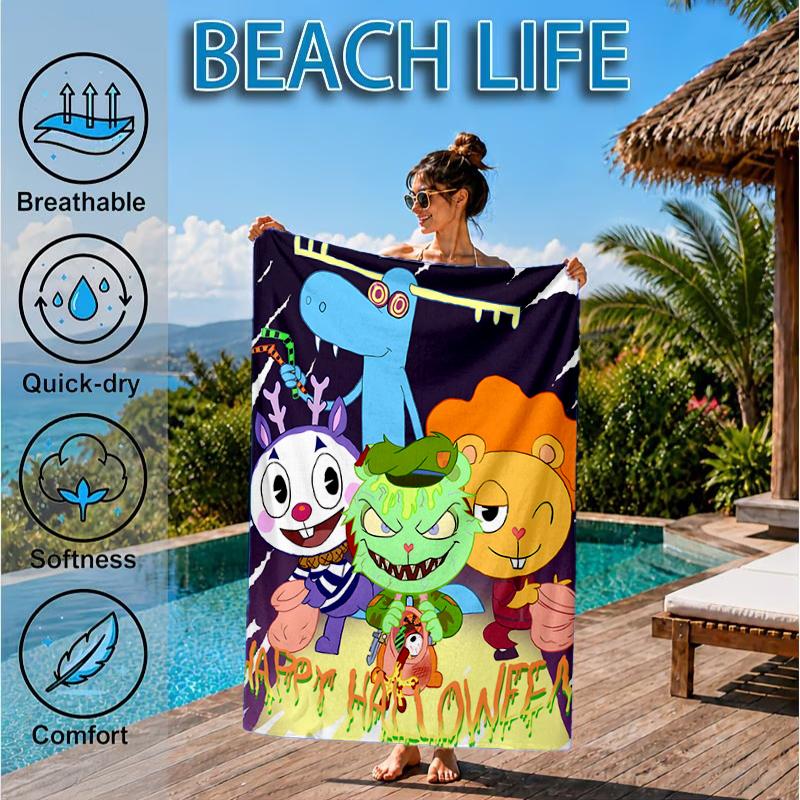 Toalla de Playa Aniversario de Happy Tree Friends, Toalla de Playa de Microfibra, Perfecta Para Piscina, Playa, Viajes, Decoración del Hogar, Regalos para Fans de Fiestas en la Playa