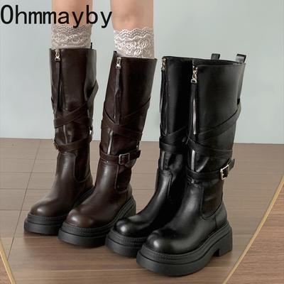 Invierno Vintage Plataforma Suela Gruesa Mujer Botas Hasta la Rodilla Moda Cinturón Hebilla Cremallera Frontal Zapatos Señoras Delgado Caballero Largas Botas