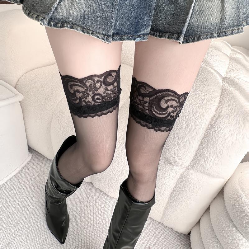 Invisible Non-Slip Knee Socks Women'S Summer Ultra-Thin Sexy Lace Stockings Black Silk Thigh Socks High Stockings