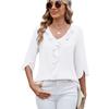 Women's V‑Neck Ruffled Trim 3/4 Split Sleeve Blouse Regular Fit Casual Solid Polyester Chiffon Top