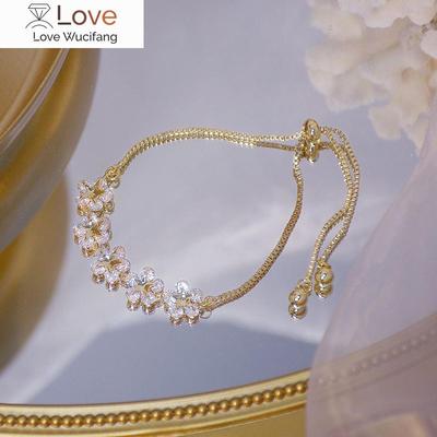 Korea  Fashion Jewelry 14K Real Gold Plating Copper Inlaid AAA Zircon Bracelet Flower Stretch Adjustable Women Bracelet