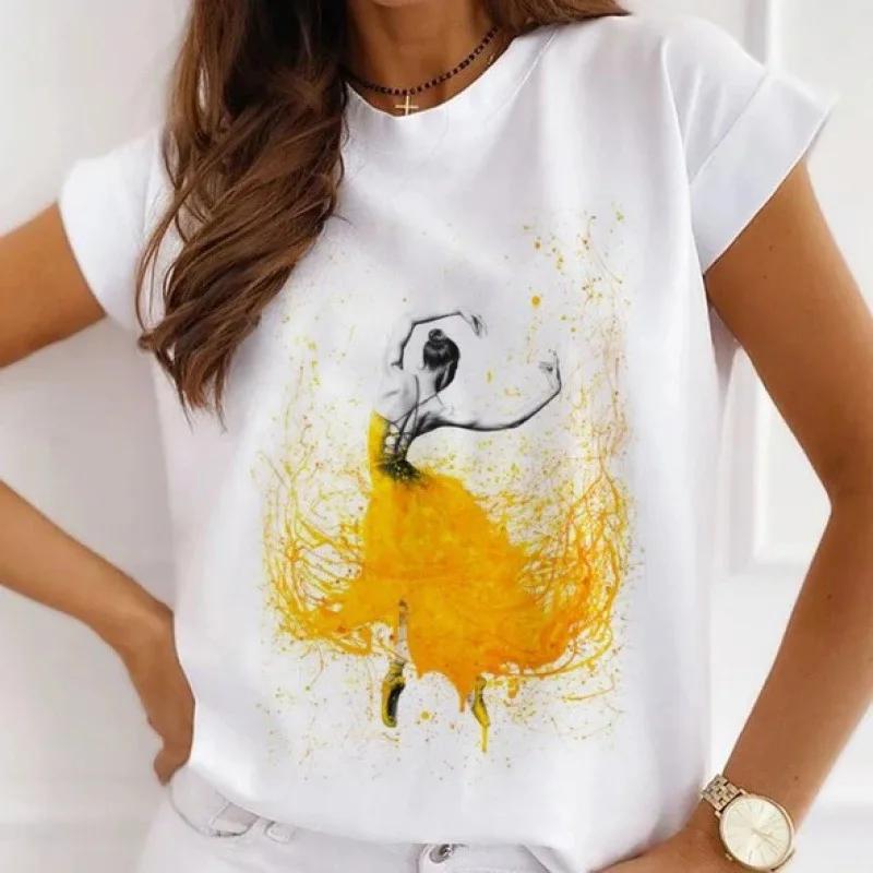 Stylish African Womens Watercolor Ballerina Girl Cute Cartoon Short Sleeve Tshirt Summer Tops Vintage Clothes Oversized Tee