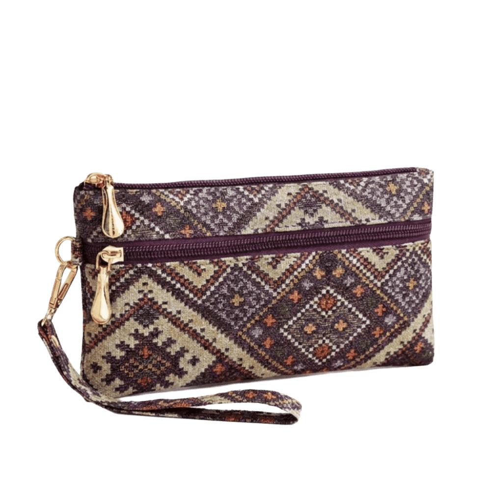 Retro Ethnic Style Clutch Purse Double Zipper Wristlet Wallet Long Wallet Cell Phone Storage
