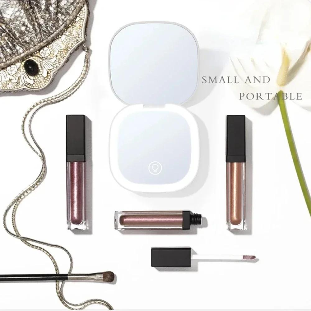 LED Lighted Travel Makeup Mirror Rechargeable 1x/5x Magnifying 3 Light Colors & Brightness Dimmable Portable Compact Mirror