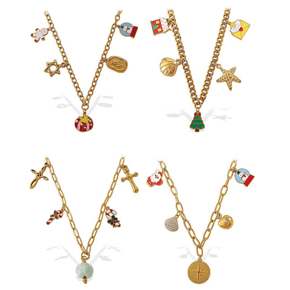 Colar Pingente de Natal DIY Europeu e Americano: Aço Inoxidável Banhado a Ouro 18K, Design de Desenho Animado Fashion para Mulheres.