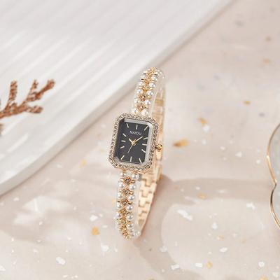 Fashionable Luxurious Ladies' Wristwatch Rhinestone Square Dial Imitation White Pearl Strap Waterproof Women Quartz Watch Reloj