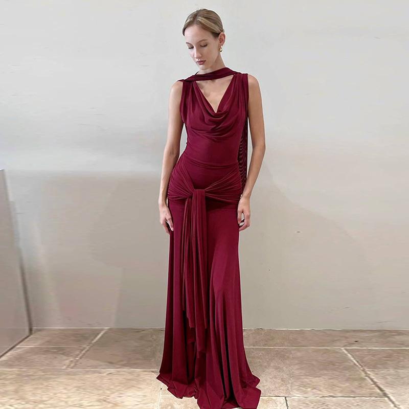 Europe and the United States hot-selling women s clothing winter new sexy backless mesh stitching slim strap dress women S бордовый