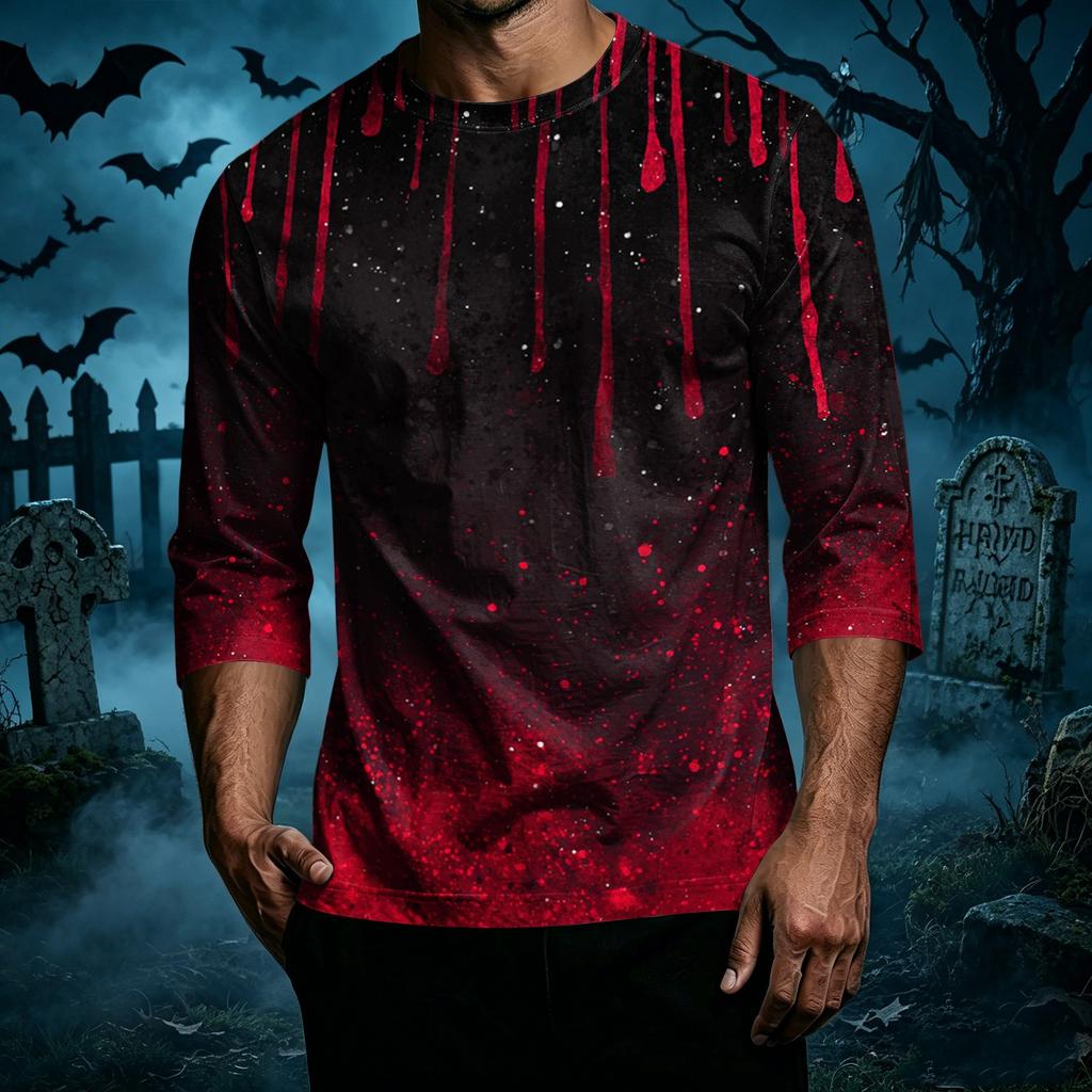 Men's Casual Halloween Print Crew Neck T-Shirt Three Quarter Sleeve Relaxed Fit Lightweight Top for Everyday Wear