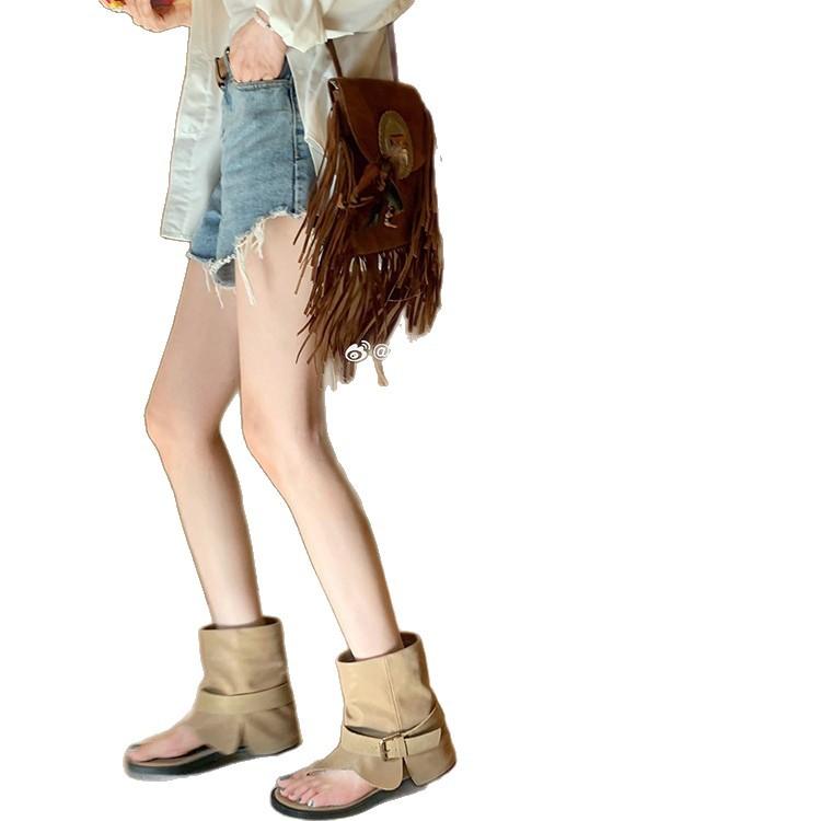 Fashion Toe Cool Boots Cover Boots Summer New Leather Fashion Round Head Personalized Herringbone Sandals