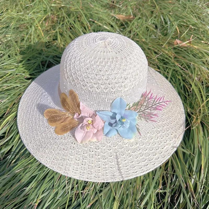 WTEMPO Women's Solid Color Wide Brim Travel Beach Breathable Sun Hats Retro Elegant Spring Summer Foldable Sunscreen Flowers Hats