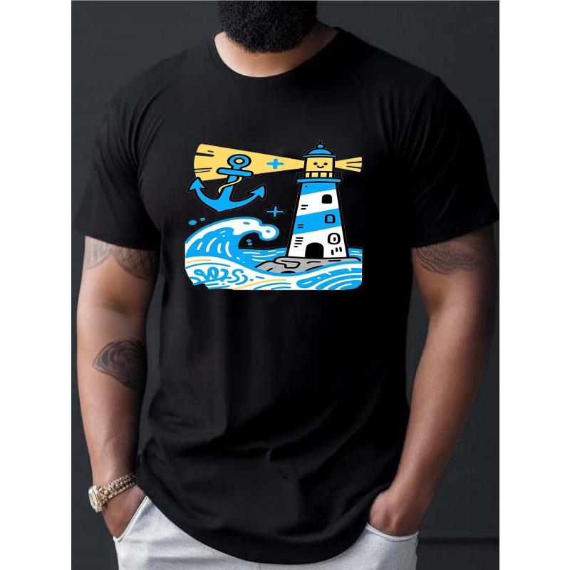 

European sizes Men S T-Shirt Featuring a Cartoon Lighthouse And Anchor Design, Perfect for Nautical Themes. Stylish Short-Sleeve Tee for Casual 4XL чорний