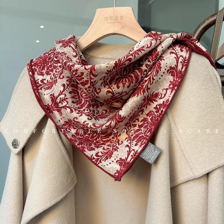 Silk Wool Square Scarf Scarf Shawl Classical Art Red Versatile Silk Wool Scarf Women's Spring and Autumn Warm Silk Scarf