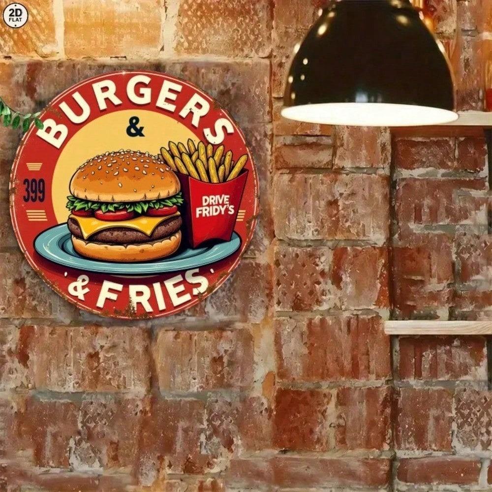 Vintage Retro Burger & Fries Round Metal Sign, Red Diner Style Iron Plaque Wall Art for Bar Cafe Kitchen Decor
