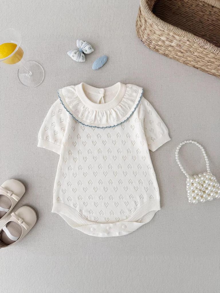Infant Girl Cotton Knit Ruffle Collar Romper, Short Sleeve Summer Style