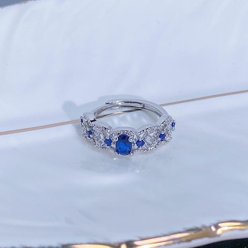 Caibao Personalized Sea Blue Micro-Inlaid Zir*****Pen Ring Female Geometric Niche Light Luxury High-End Ring Female