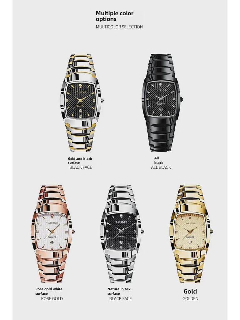 TAISIGE Men's Black Steel Quartz Watch with Square Grid Dial and Calendar