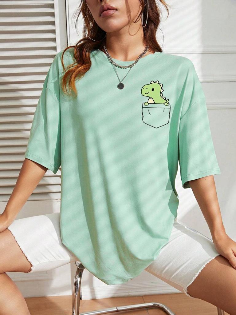 Korean Fashion Women Cotton T-shirt Kawaii Cartoons Little Dinosaur Printing Tee Summer Casual Comfortable Short Sleeve Clothes