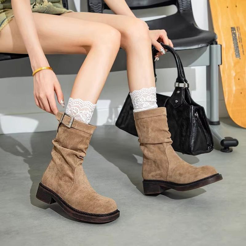 With Skirt Frosted Leather Fashion Belt Buckle Martin Boots Women's 2025 Spring and Autumn Short Tube Turned Fur Pleated Medium Tube Boots