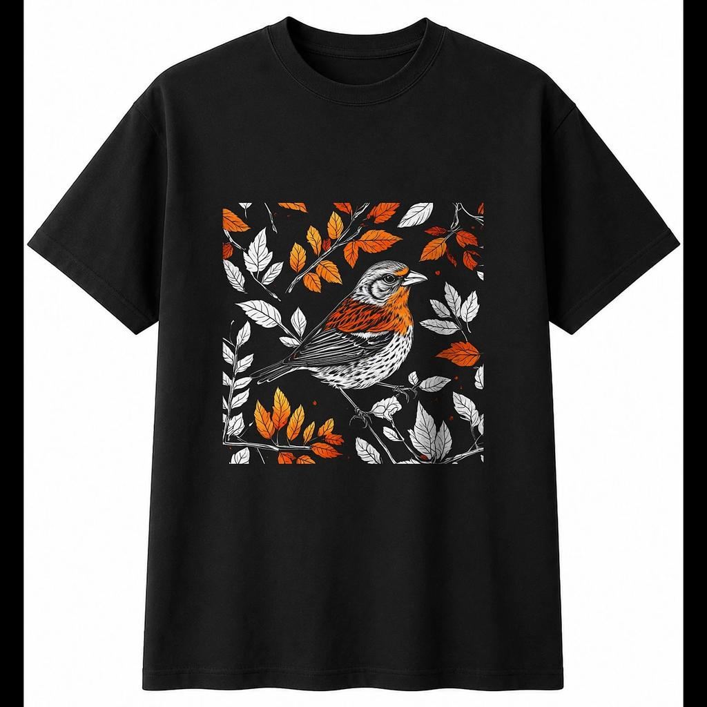 Linnet in Autumn Bird Mens T-Shirt Black 100% Cotton Wildlife Printed