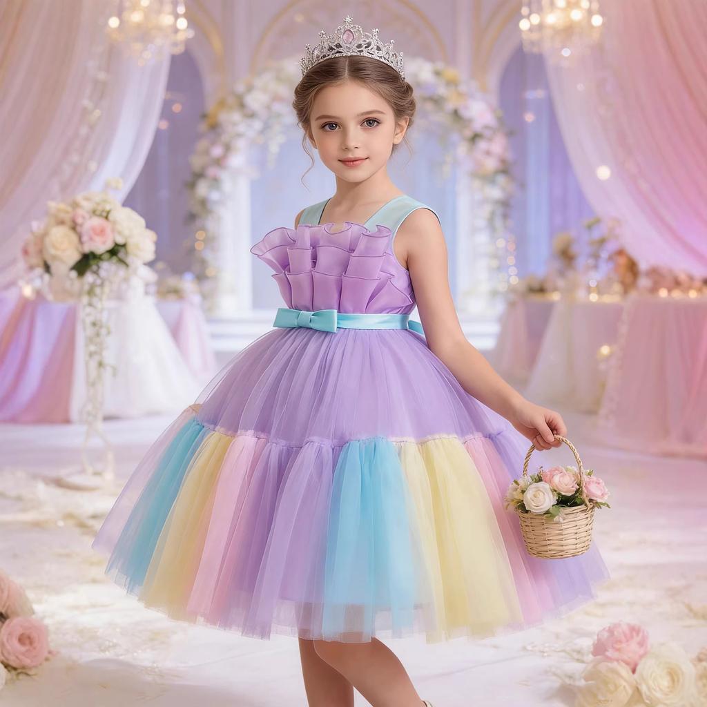 Girls Colorful Patchwork Princess Dress Sleeveless Color Block Bow Tie Dress Runway Piano Performance Party Dress