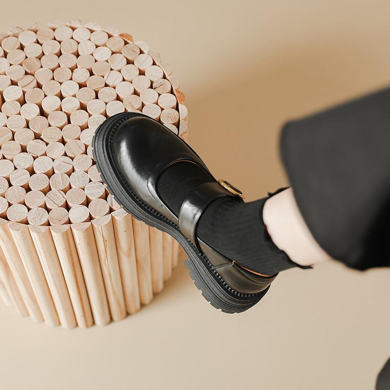 Thick-soled JK small leather shoes round head one-word buckle belt retro British style spring and summer new Mary Jane shallow mouth single shoes wome