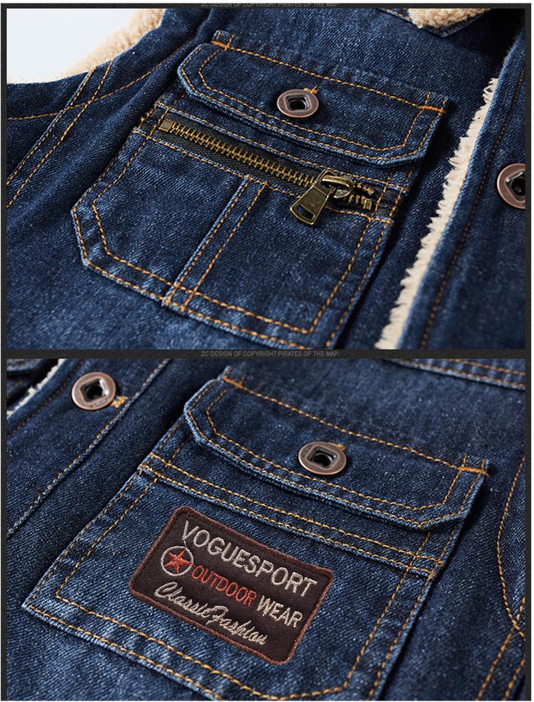 Autumn Winter Sleevless Jacket Men Many Pockets Denim Vest Men Fleece Warm Mens Waistcoat M-4XL