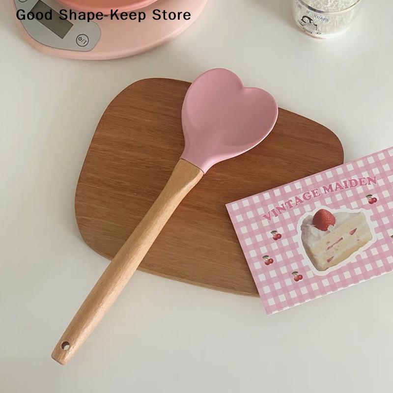Utensils Making Cake Baking Tool Valentine's Day Pink Love Silicone Spatula Heart-Shaped Wooden Handle Baking Spatulas Kitchen